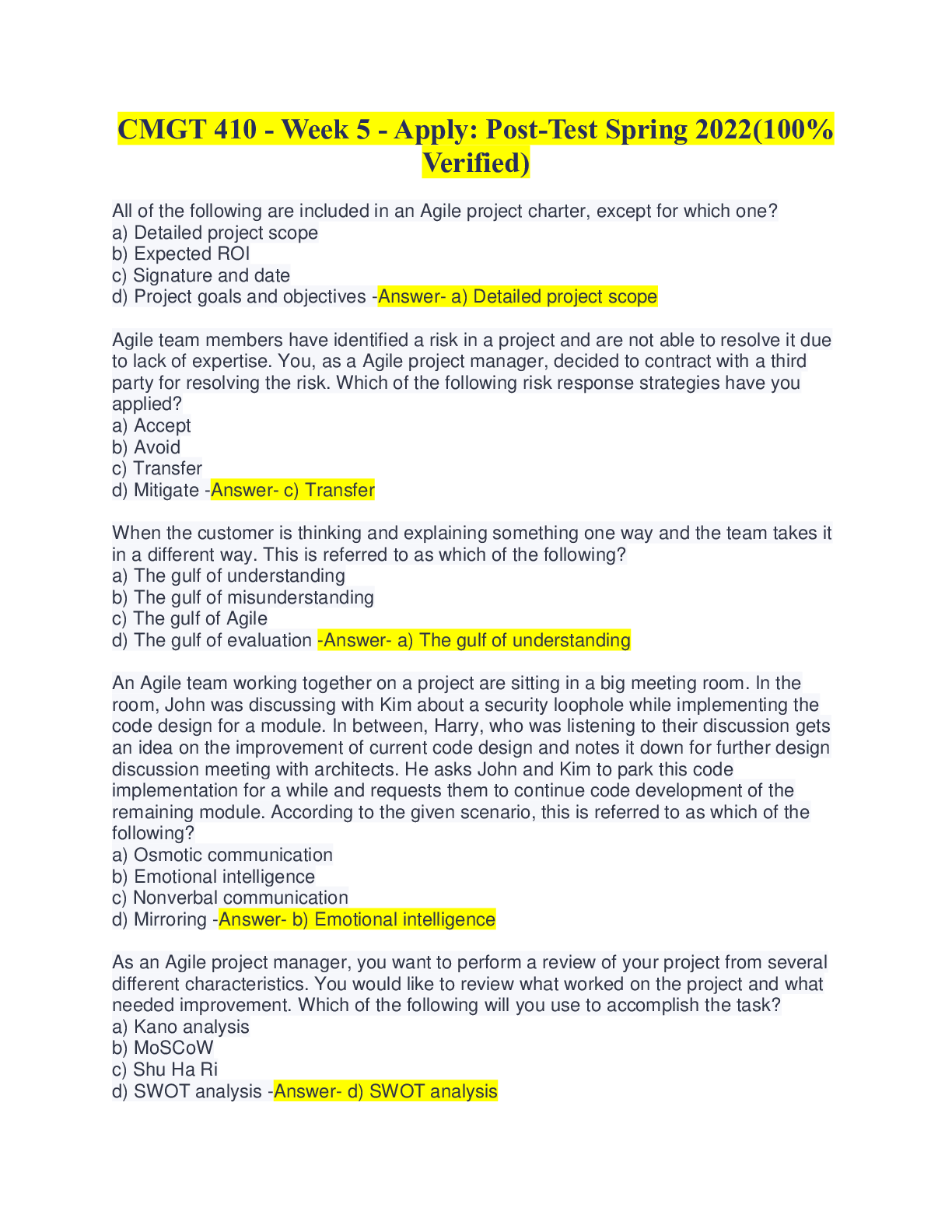 Preview image for CMGT 410 - Week 5 - Apply: Post-Test Spring 2022(100% Verified)